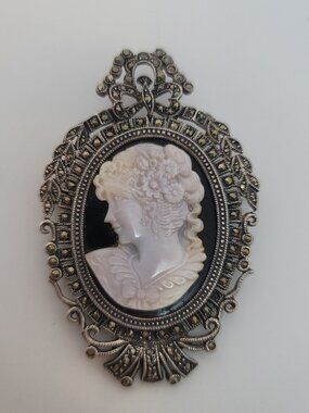 Vintage Carved Mother of Pearl Cameo, Marcasite, Onyx & Sterling Pendant/Brooch